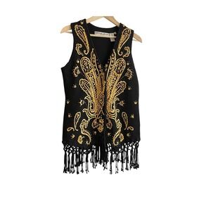 Michael Simon Women's VTG 1993 Vest Black Gold Beaded Embroider Fringe SZ M